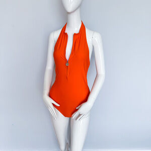$299 Carven Le Bain Orange Halter One Piece Luxury Swimsuit Made in Italy S